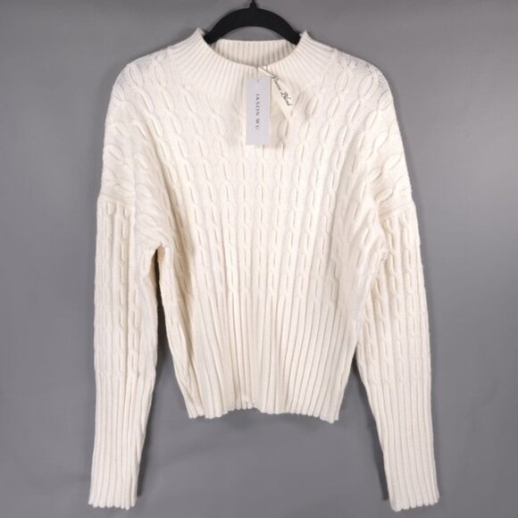 NWT JASON WU Cable Knit Rib Hem & Cuffs Pullover Sweater Ivory JW453000 LARGE - Picture 2 of 11